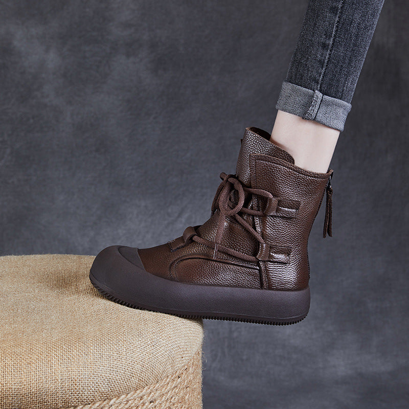 Genuine Leather Handmade Vintage Roman Boots Women's Autumn New Thick-soled Mid-barrel Casual Boots Cowhide Short Boots
