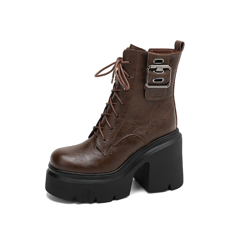 Autumn New Thick Bottom Platform Cake Bottom High-top Lace-up Women's Solid Color Fashion Short Boots For Women