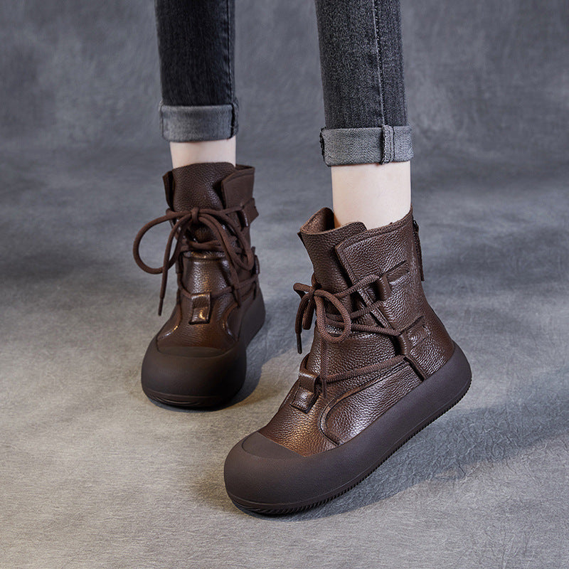 Genuine Leather Handmade Vintage Roman Boots Women's Autumn New Thick-soled Mid-barrel Casual Boots Cowhide Short Boots
