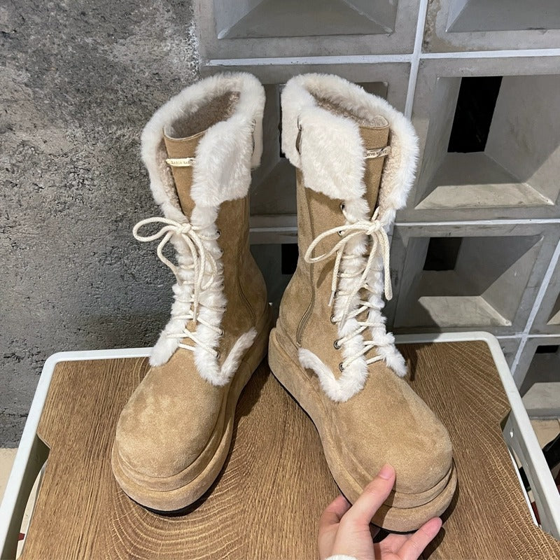 Winter New Vintage Thick-soled Fleece-lined Knight Boots Warm Mid-barrel Strap Mao Mao Snow Boots Women