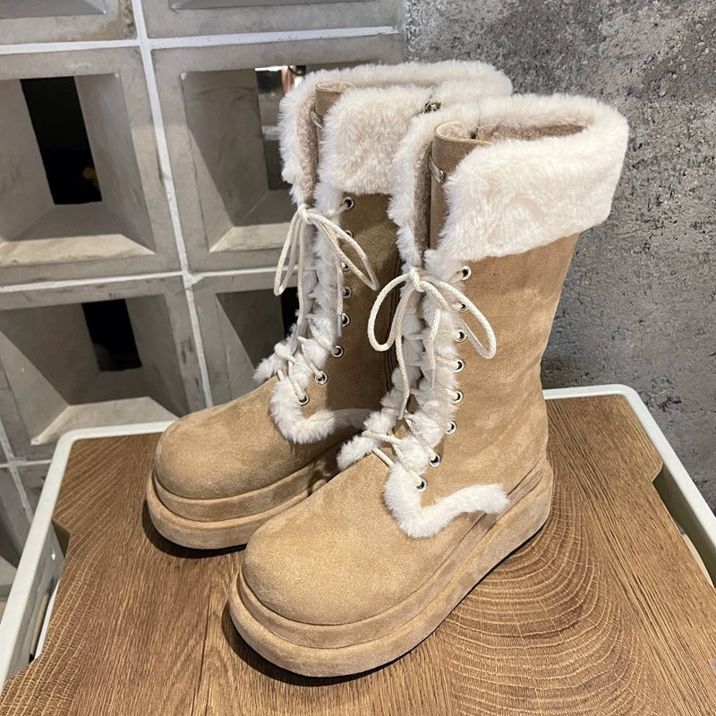 Winter New Vintage Thick-soled Fleece-lined Knight Boots Warm Mid-barrel Strap Mao Mao Snow Boots Women