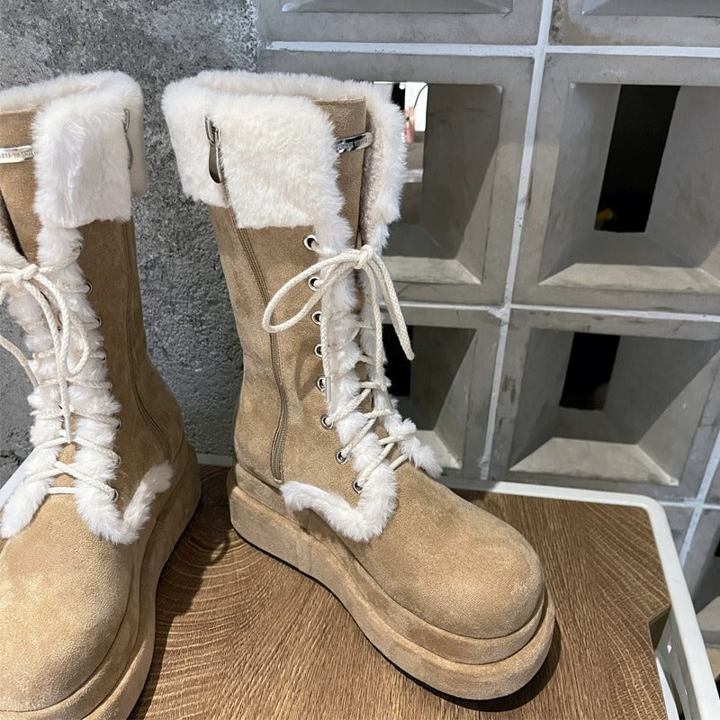 Winter New Vintage Thick-soled Fleece-lined Knight Boots Warm Mid-barrel Strap Mao Mao Snow Boots Women