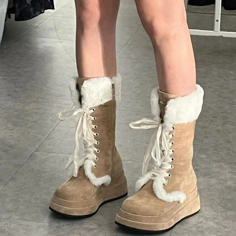 Winter New Vintage Thick-soled Fleece-lined Knight Boots Warm Mid-barrel Strap Mao Mao Snow Boots Women