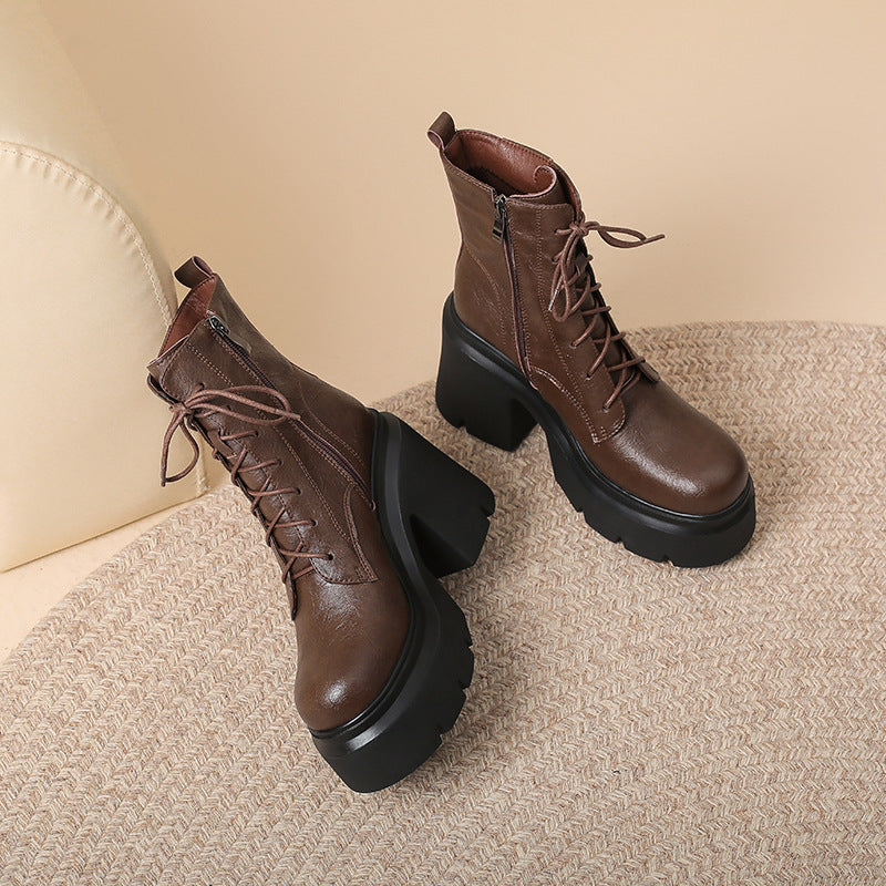 Autumn New Thick Bottom Platform Cake Bottom High-top Lace-up Women's Solid Color Fashion Short Boots For Women