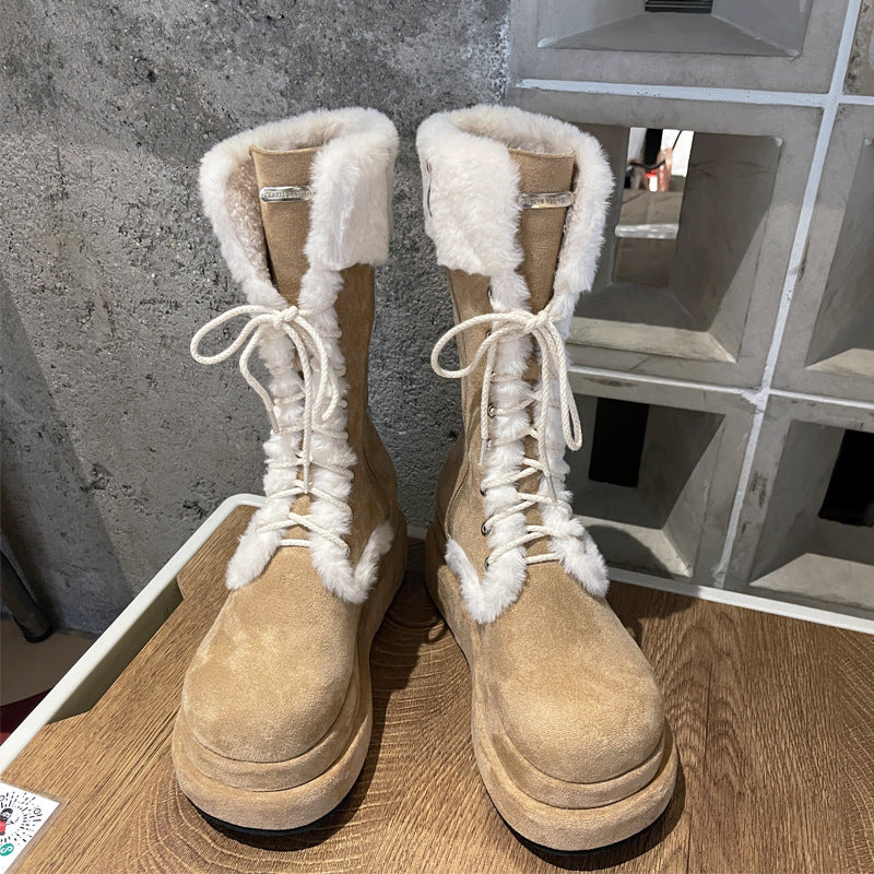Winter New Vintage Thick-soled Fleece-lined Knight Boots Warm Mid-barrel Strap Mao Mao Snow Boots Women