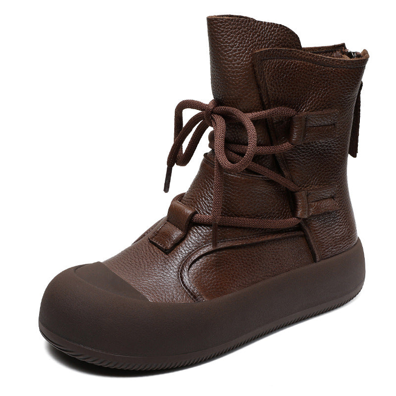 Genuine Leather Handmade Vintage Roman Boots Women's Autumn New Thick-soled Mid-barrel Casual Boots Cowhide Short Boots