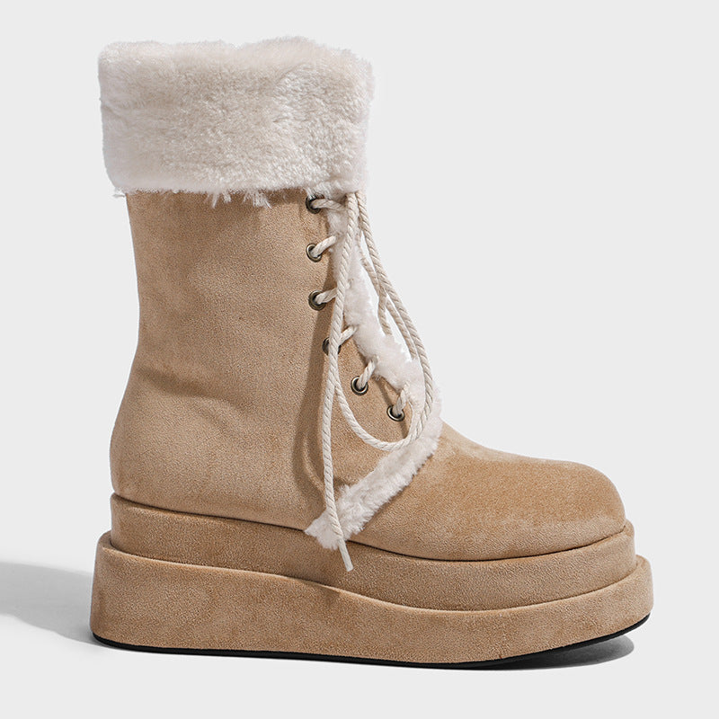 Winter New Vintage Thick-soled Fleece-lined Knight Boots Warm Mid-barrel Strap Mao Mao Snow Boots Women