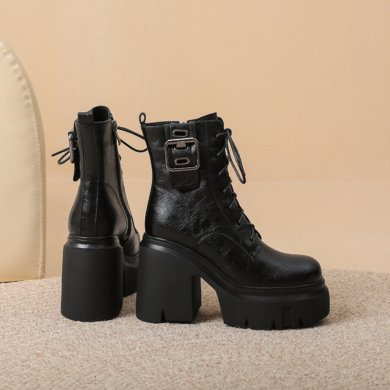 Autumn New Thick Bottom Platform Cake Bottom High-top Lace-up Women's Solid Color Fashion Short Boots For Women