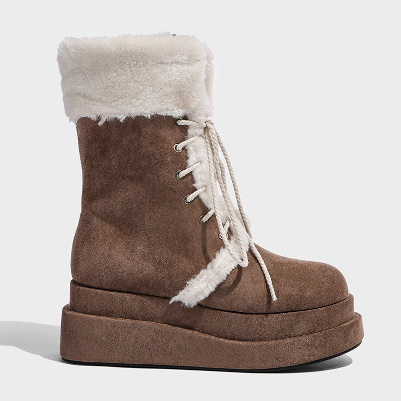 Winter New Vintage Thick-soled Fleece-lined Knight Boots Warm Mid-barrel Strap Mao Mao Snow Boots Women