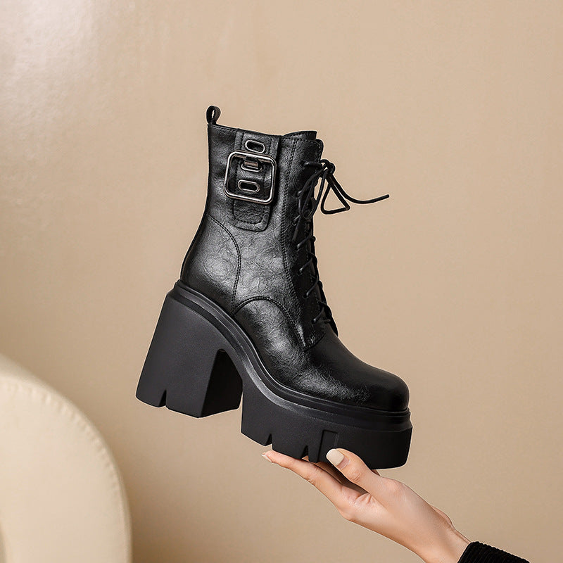 Autumn New Thick Bottom Platform Cake Bottom High-top Lace-up Women's Solid Color Fashion Short Boots For Women