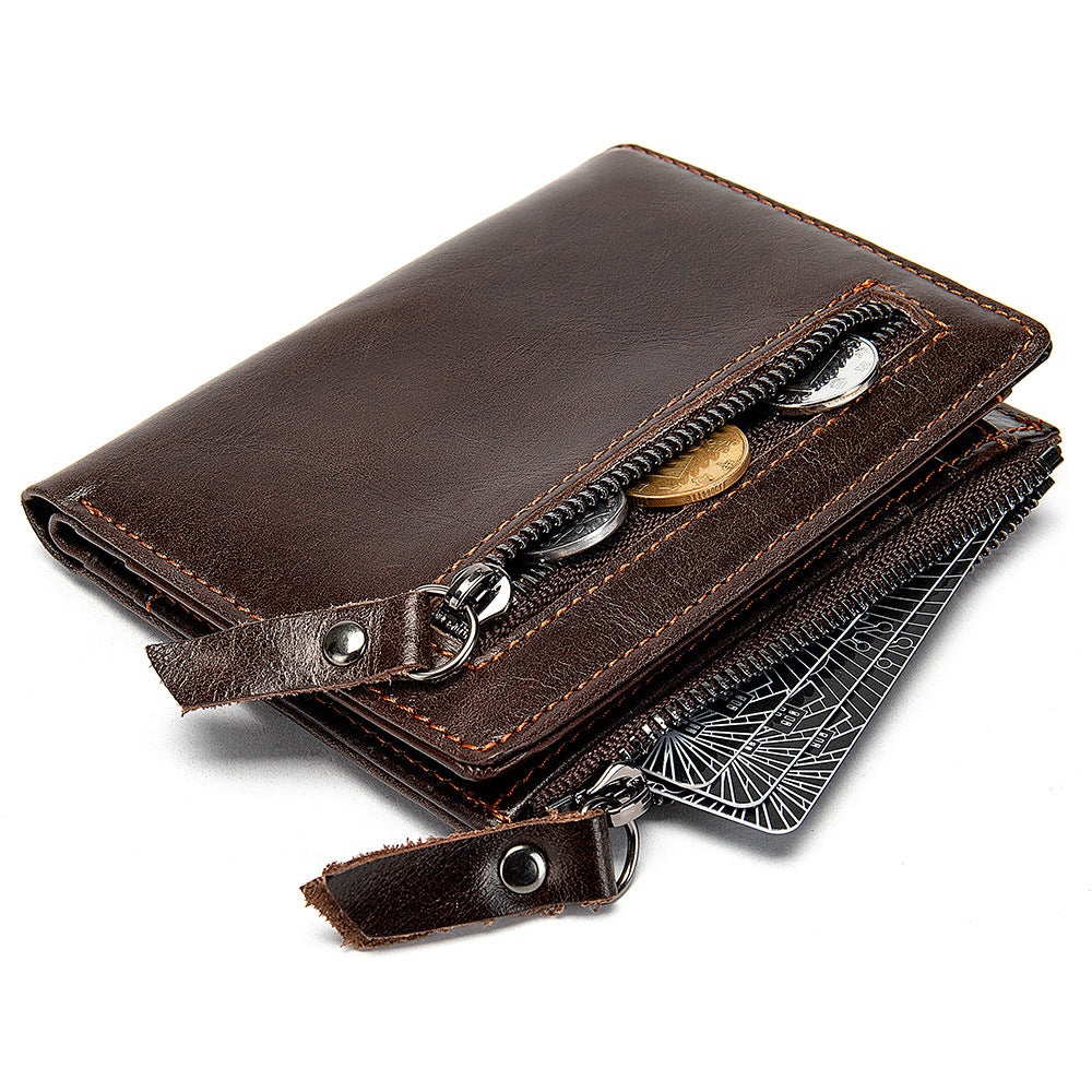 Men's Genuine Leather Coin Purse Vintage Casual Vertical Wallet Top Layer Cowhide Gold Clip Trendy Wallet