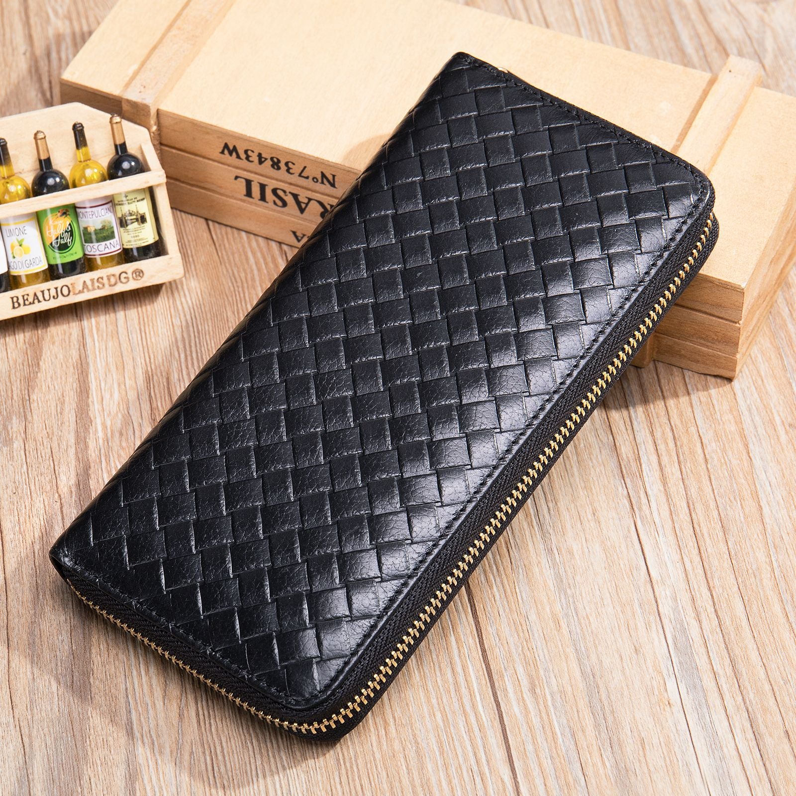 Marent Men's Genuine Leather Wallet Pressed Braided Top Layer Cowhide Men's Wallet Long Hand Wallet