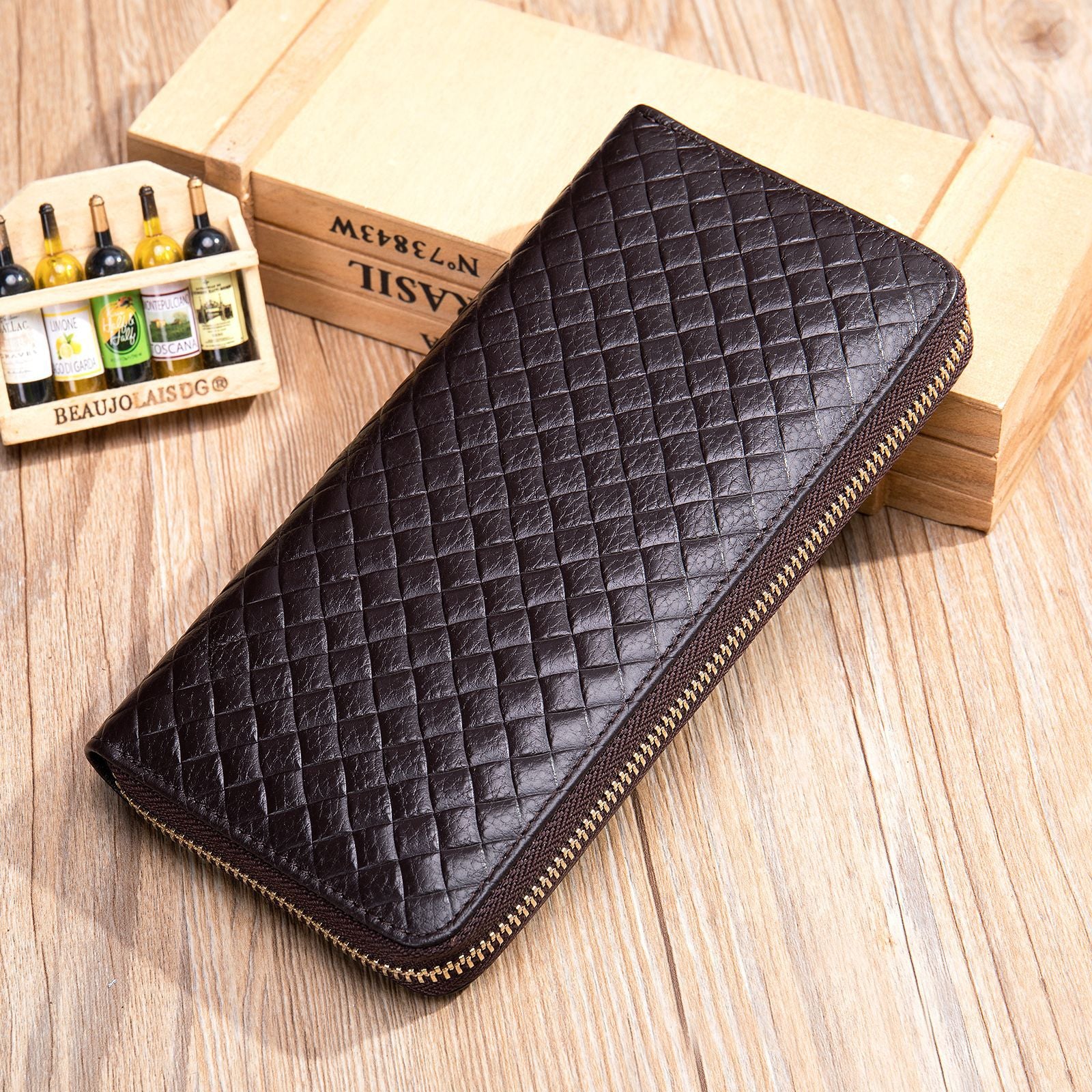 Marent Men's Genuine Leather Wallet Pressed Braided Top Layer Cowhide Men's Wallet Long Hand Wallet