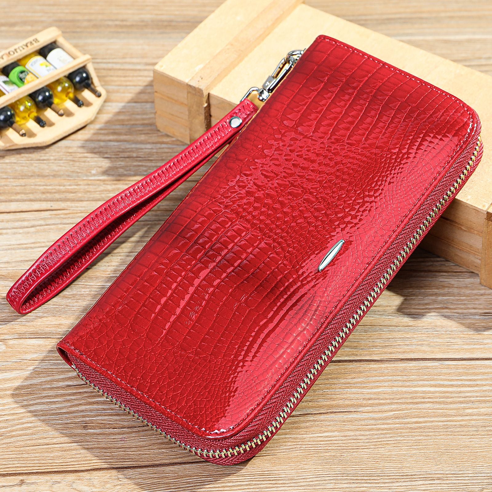 Maronte Genuine Leather Women's Wallet Long Zipper Mobile Phone Bag Fashionable Simple Clutch Bag Patent Leather Coin Purse