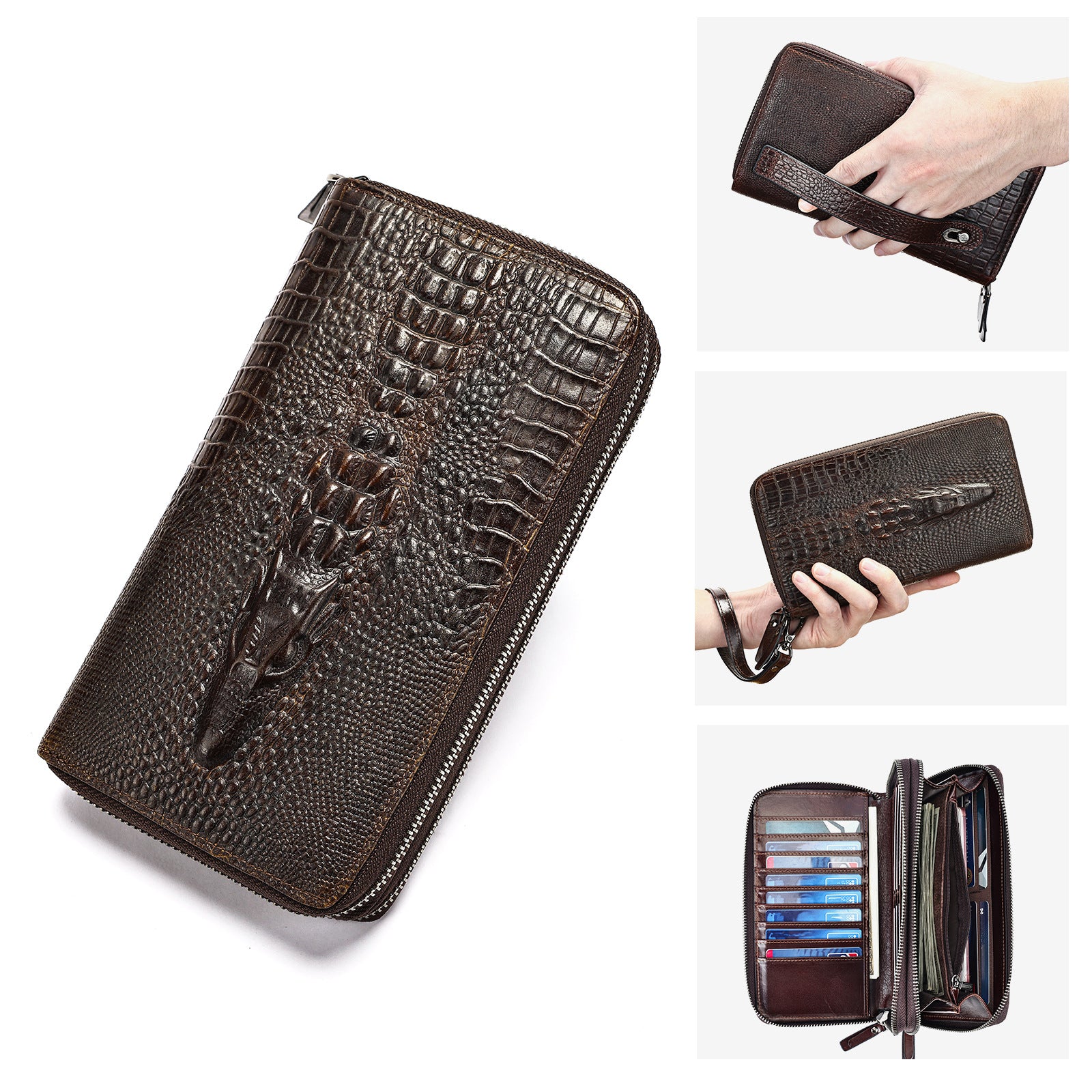 Men's Long Wallet Genuine Leather Crocodile Pattern Business Multi-Card Holder Clutch Top Layer Cowhide Wallet For Men