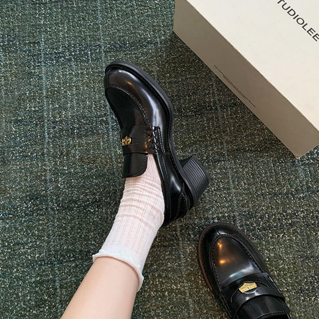 Sheepskin Version ~ Genuine Leather British Style Small Gold Coin One Pedal Thick Heel Thick Bottom Loafers Women's High Heel Shoes Small Leather Shoes