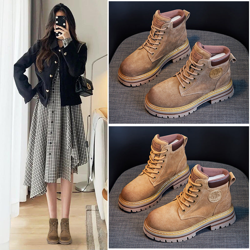 Genuine Leather Martin Boots Women's New Autumn And Winter Thick-soled Vintage British Style Short Boots Casual Cow Velvet Mid-barrel Boots For Women