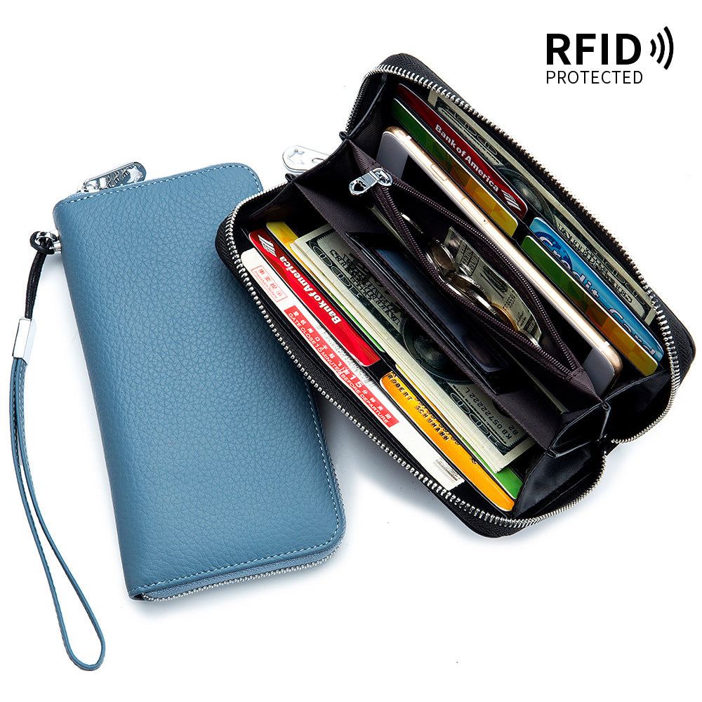 Women's Wallet Long Genuine Leather RFID Top Layer Cowhide Clutch Soft Leather Simple Wallet Mobile Phone Bag Men's Cross-border