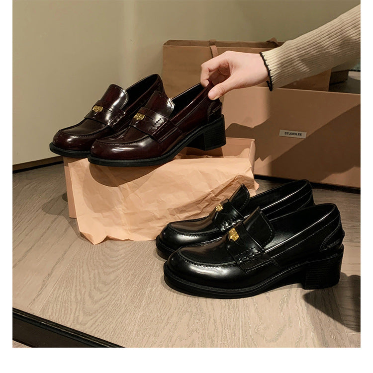 Sheepskin Version ~ Genuine Leather British Style Small Gold Coin One Pedal Thick Heel Thick Bottom Loafers Women's High Heel Shoes Small Leather Shoes