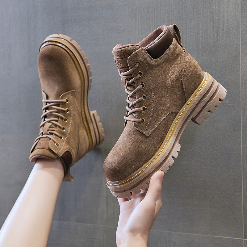 Genuine Leather Martin Boots Women's New Autumn And Winter Thick-soled Vintage British Style Short Boots Casual Cow Velvet Mid-barrel Boots For Women