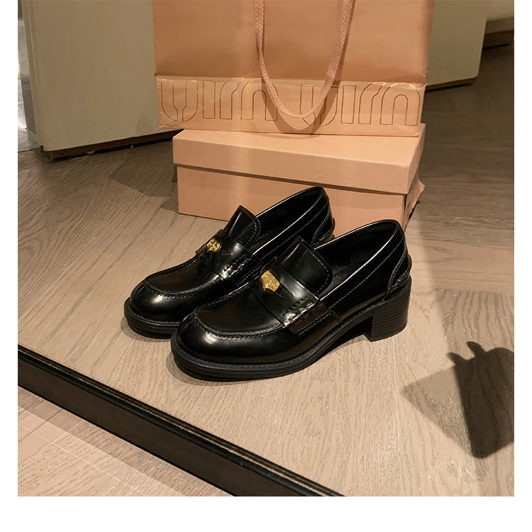 Sheepskin Version ~ Genuine Leather British Style Small Gold Coin One Pedal Thick Heel Thick Bottom Loafers Women's High Heel Shoes Small Leather Shoes