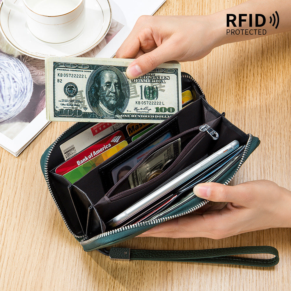 Women's Wallet Long Genuine Leather RFID Top Layer Cowhide Clutch Soft Leather Simple Wallet Mobile Phone Bag Men's Cross-border