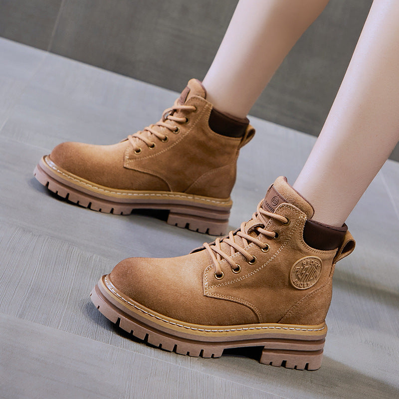 Genuine Leather Martin Boots Women's New Autumn And Winter Thick-soled Vintage British Style Short Boots Casual Cow Velvet Mid-barrel Boots For Women