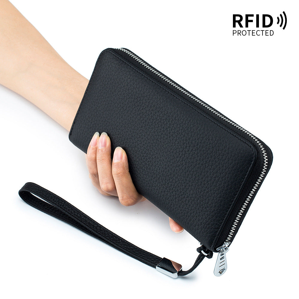 Women's Wallet Long Genuine Leather RFID Top Layer Cowhide Clutch Soft Leather Simple Wallet Mobile Phone Bag Men's Cross-border