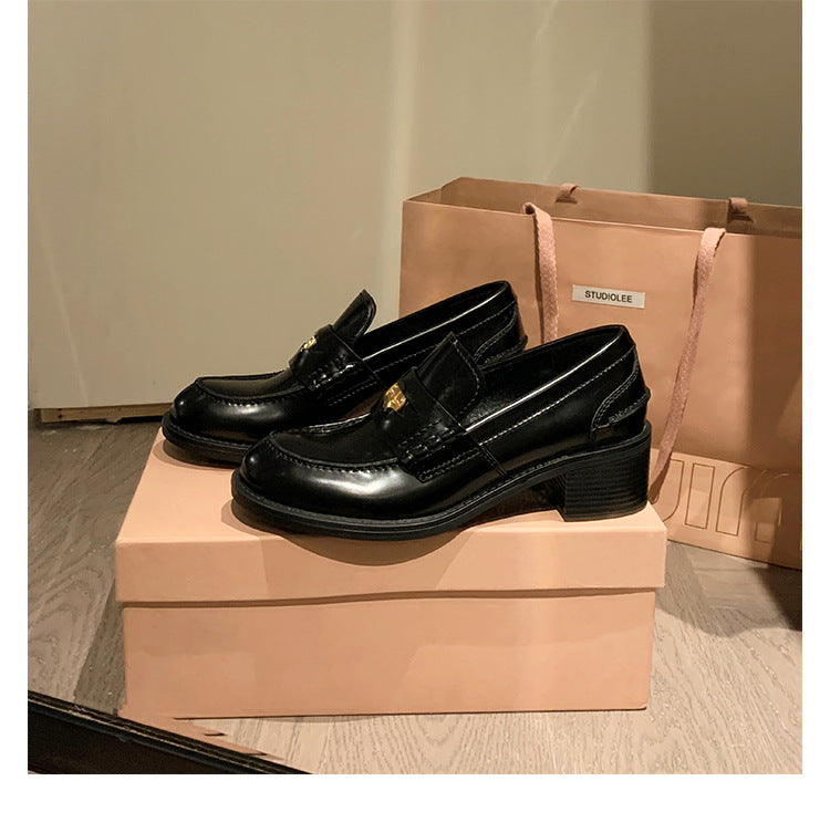 Sheepskin Version ~ Genuine Leather British Style Small Gold Coin One Pedal Thick Heel Thick Bottom Loafers Women's High Heel Shoes Small Leather Shoes