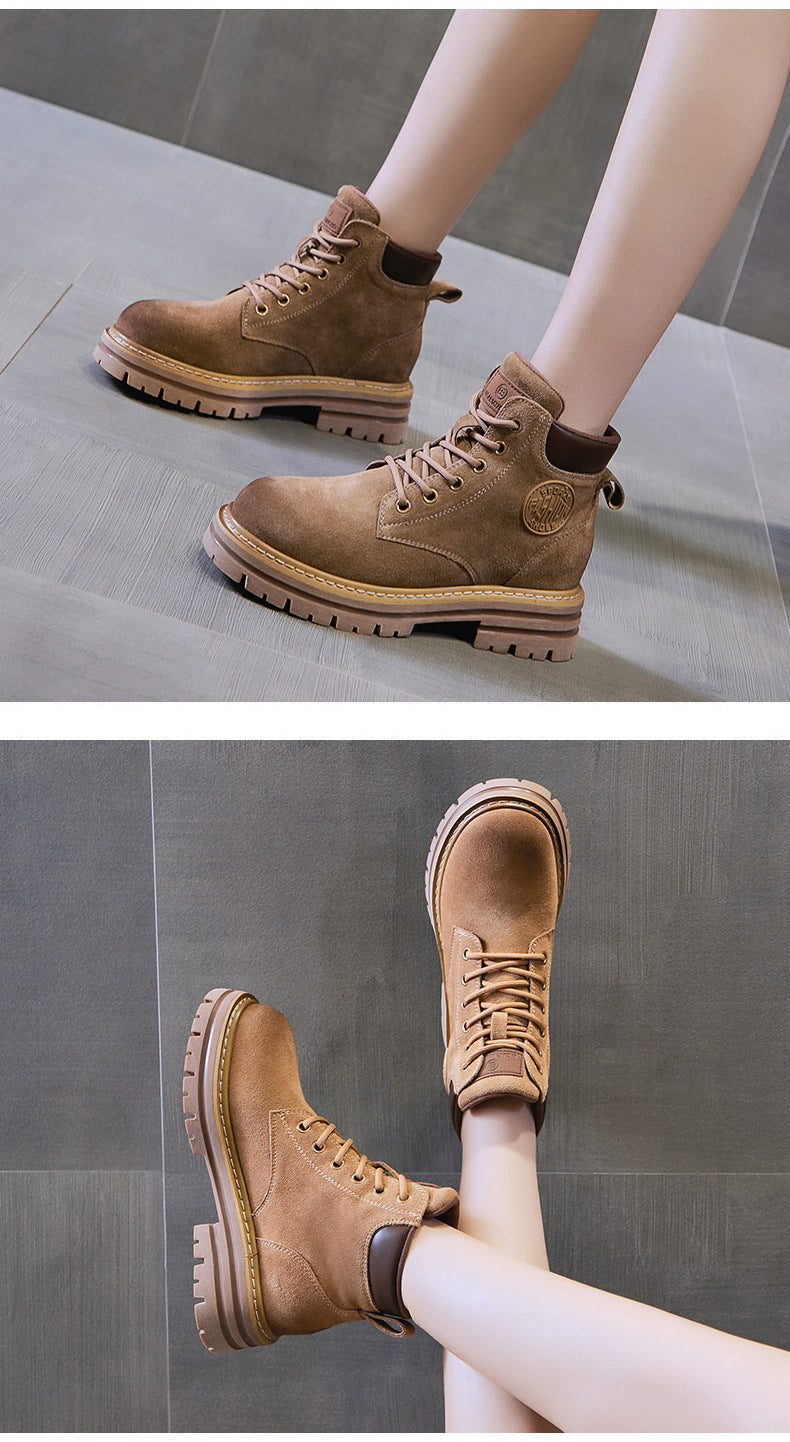 Genuine Leather Martin Boots Women's New Autumn And Winter Thick-soled Vintage British Style Short Boots Casual Cow Velvet Mid-barrel Boots For Women