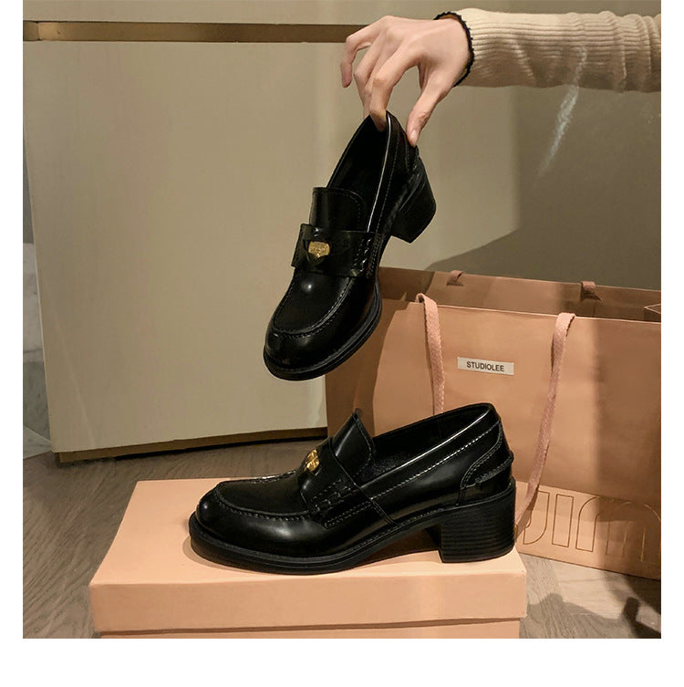 Sheepskin Version ~ Genuine Leather British Style Small Gold Coin One Pedal Thick Heel Thick Bottom Loafers Women's High Heel Shoes Small Leather Shoes