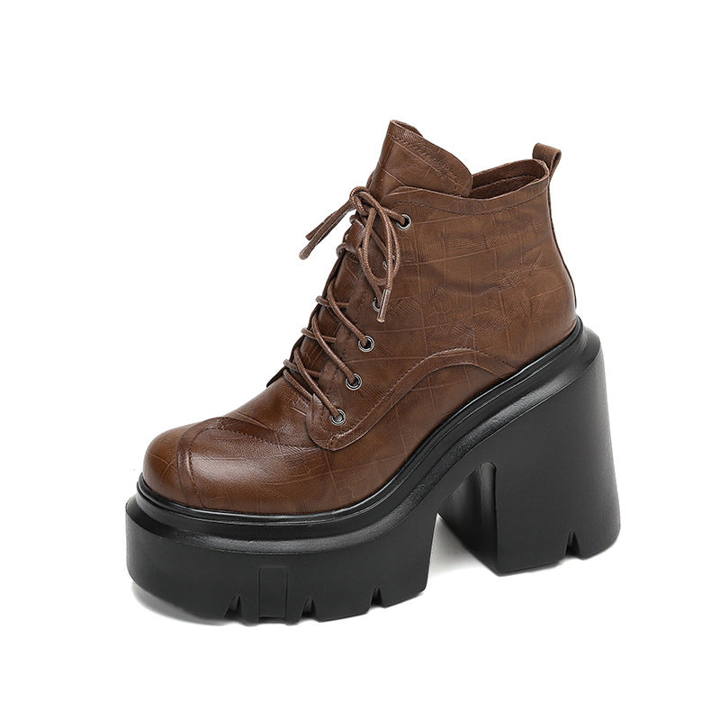 12cm Vintage Thick-soled Super High-heeled Martin Boots Women's British-style Genuine Leather Ankle Boots Small Thick Heel Lace-up Single Boots