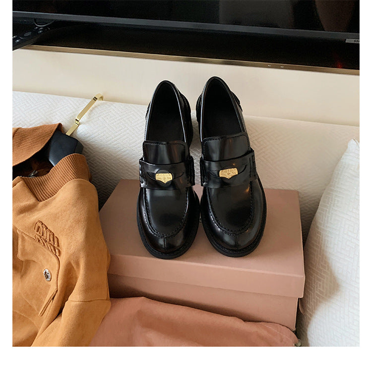 Sheepskin Version ~ Genuine Leather British Style Small Gold Coin One Pedal Thick Heel Thick Bottom Loafers Women's High Heel Shoes Small Leather Shoes