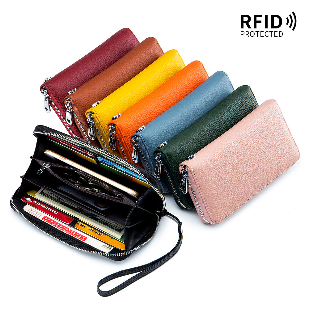 Women's Wallet Long Genuine Leather RFID Top Layer Cowhide Clutch Soft Leather Simple Wallet Mobile Phone Bag Men's Cross-border