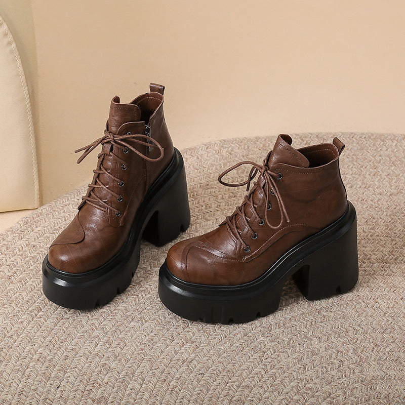 12cm Vintage Thick-soled Super High-heeled Martin Boots Women's British-style Genuine Leather Ankle Boots Small Thick Heel Lace-up Single Boots