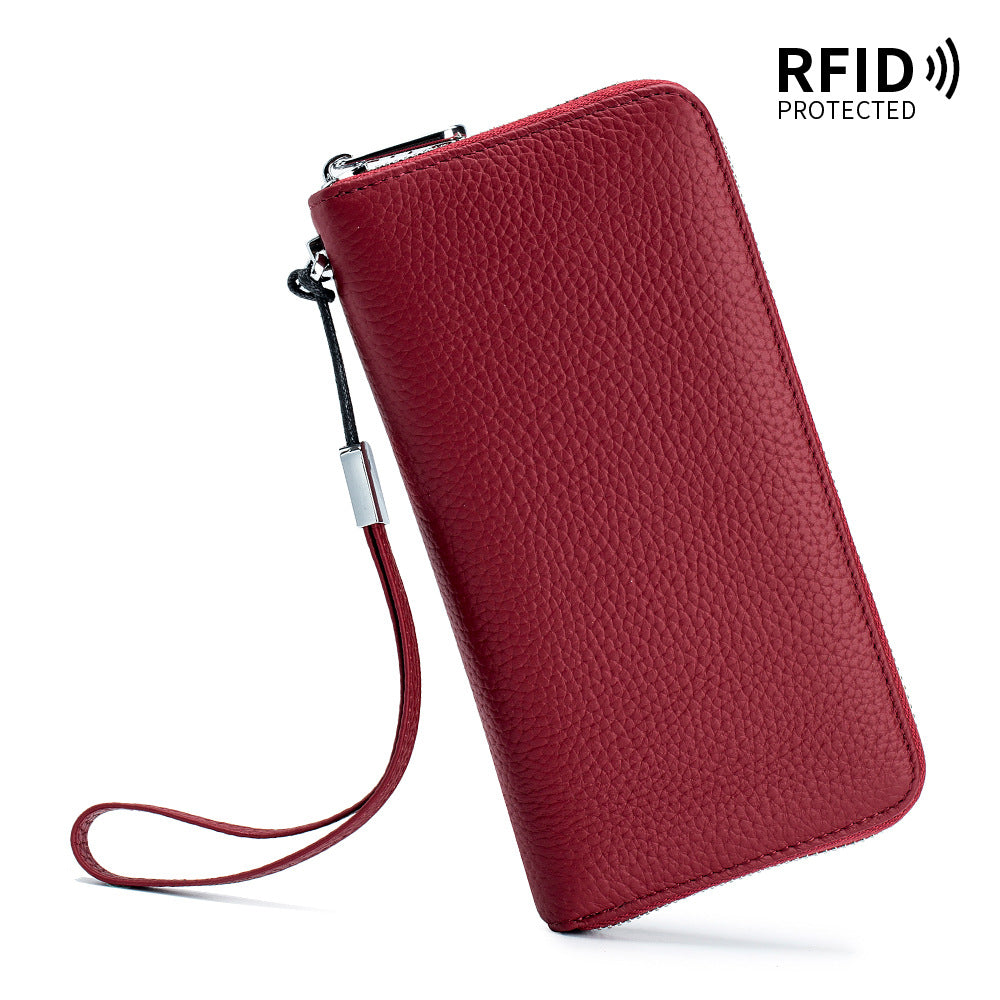 Women's Wallet Long Genuine Leather RFID Top Layer Cowhide Clutch Soft Leather Simple Wallet Mobile Phone Bag Men's Cross-border