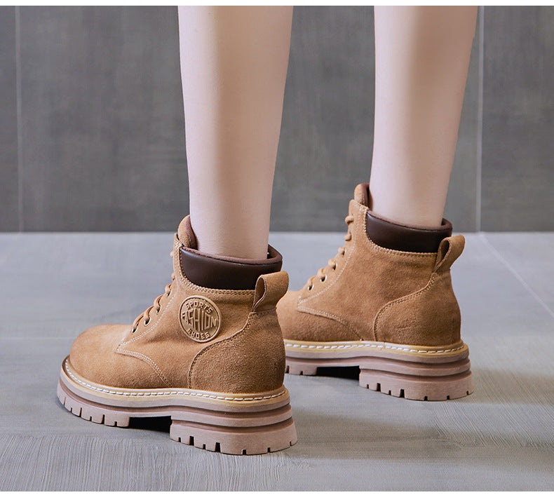 Genuine Leather Martin Boots Women's New Autumn And Winter Thick-soled Vintage British Style Short Boots Casual Cow Velvet Mid-barrel Boots For Women