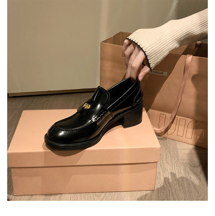 Sheepskin Version ~ Genuine Leather British Style Small Gold Coin One Pedal Thick Heel Thick Bottom Loafers Women's High Heel Shoes Small Leather Shoes