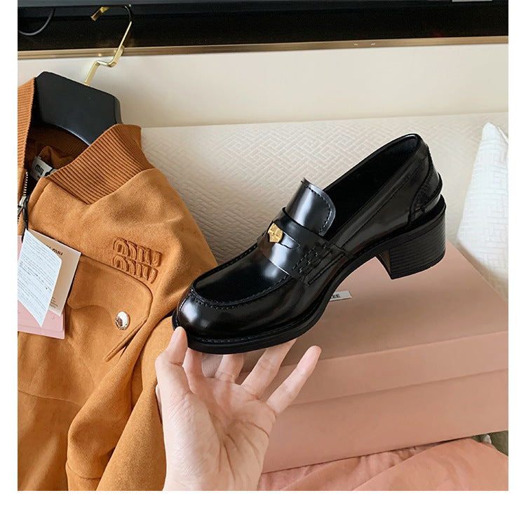 Sheepskin Version ~ Genuine Leather British Style Small Gold Coin One Pedal Thick Heel Thick Bottom Loafers Women's High Heel Shoes Small Leather Shoes