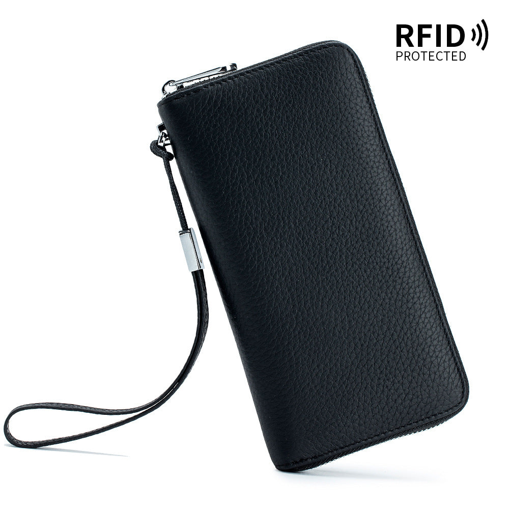 Women's Wallet Long Genuine Leather RFID Top Layer Cowhide Clutch Soft Leather Simple Wallet Mobile Phone Bag Men's Cross-border