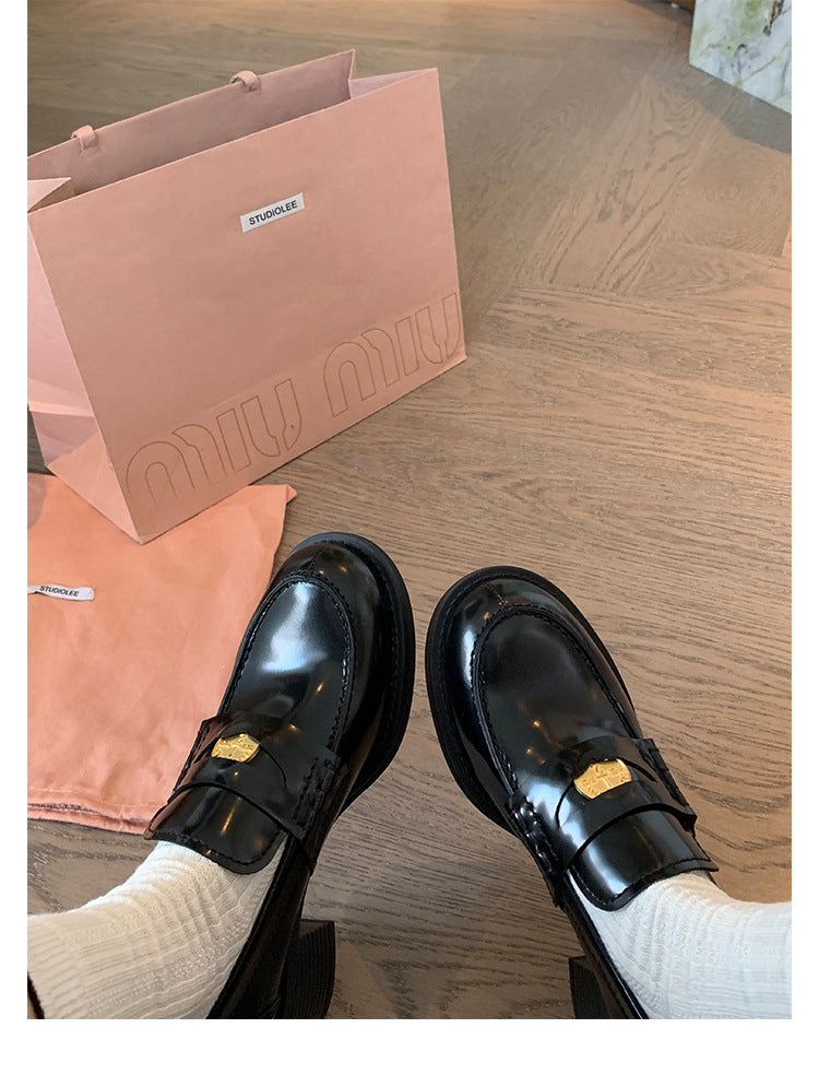 Sheepskin Version ~ Genuine Leather British Style Small Gold Coin One Pedal Thick Heel Thick Bottom Loafers Women's High Heel Shoes Small Leather Shoes