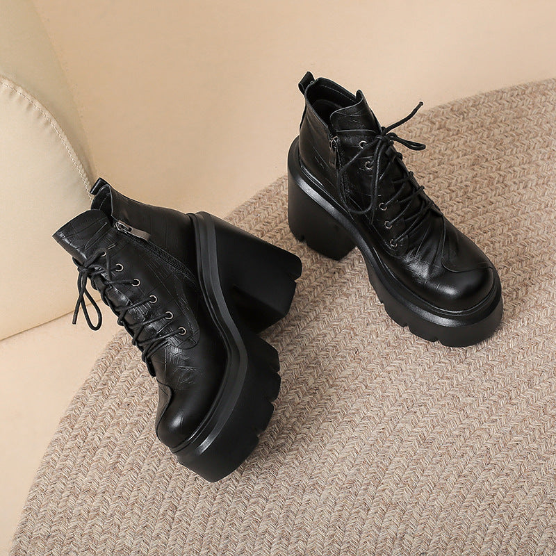 12cm Vintage Thick-soled Super High-heeled Martin Boots Women's British-style Genuine Leather Ankle Boots Small Thick Heel Lace-up Single Boots
