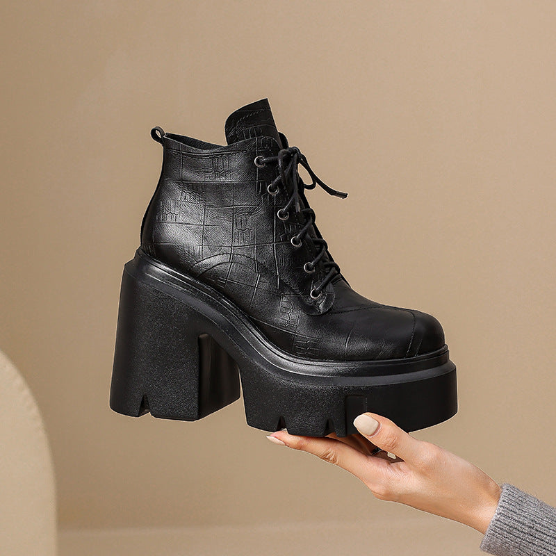 12cm Vintage Thick-soled Super High-heeled Martin Boots Women's British-style Genuine Leather Ankle Boots Small Thick Heel Lace-up Single Boots