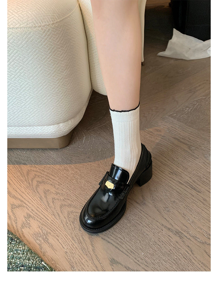 Sheepskin Version ~ Genuine Leather British Style Small Gold Coin One Pedal Thick Heel Thick Bottom Loafers Women's High Heel Shoes Small Leather Shoes