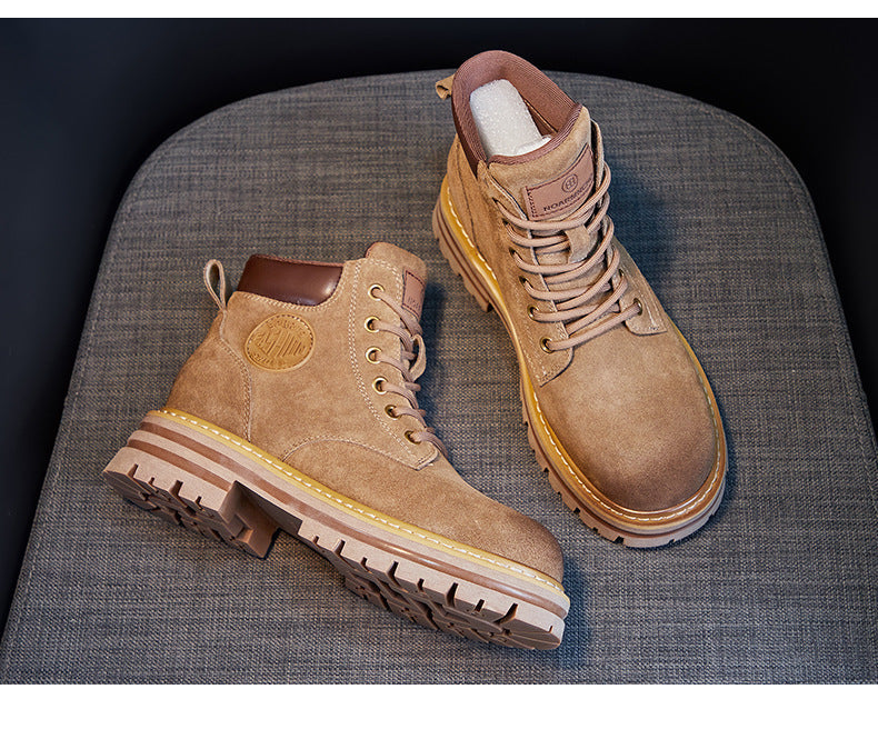 Genuine Leather Martin Boots Women's New Autumn And Winter Thick-soled Vintage British Style Short Boots Casual Cow Velvet Mid-barrel Boots For Women