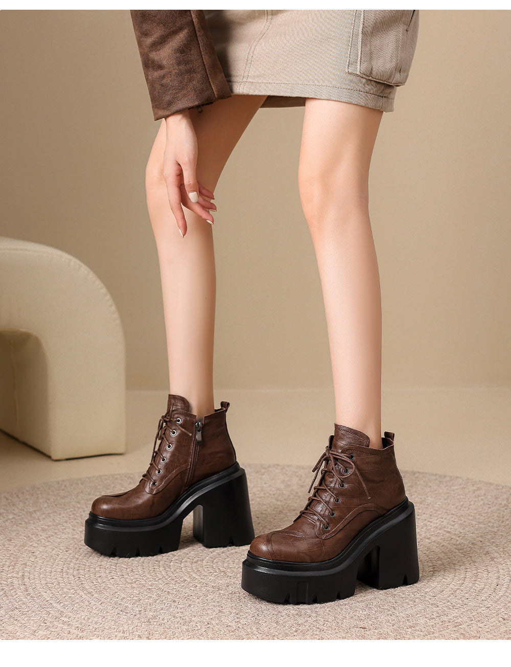 12cm Vintage Thick-soled Super High-heeled Martin Boots Women's British-style Genuine Leather Ankle Boots Small Thick Heel Lace-up Single Boots