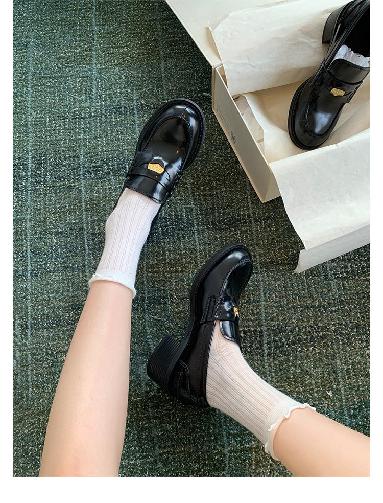 Sheepskin Version ~ Genuine Leather British Style Small Gold Coin One Pedal Thick Heel Thick Bottom Loafers Women's High Heel Shoes Small Leather Shoes