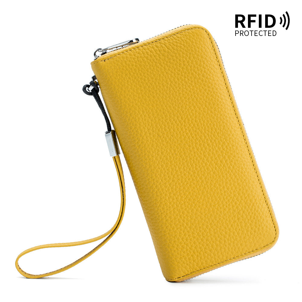Women's Wallet Long Genuine Leather RFID Top Layer Cowhide Clutch Soft Leather Simple Wallet Mobile Phone Bag Men's Cross-border