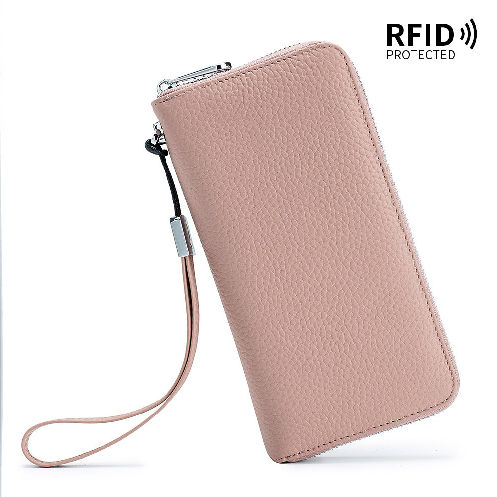 Women's Wallet Long Genuine Leather RFID Top Layer Cowhide Clutch Soft Leather Simple Wallet Mobile Phone Bag Men's Cross-border