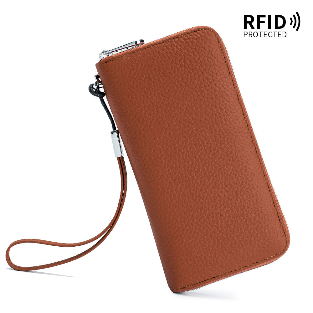 Women's Wallet Long Genuine Leather RFID Top Layer Cowhide Clutch Soft Leather Simple Wallet Mobile Phone Bag Men's Cross-border